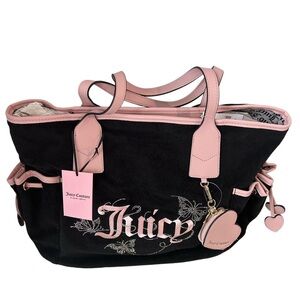 NWT Juicy Couture Black Velour Wingin' It Tote & Heart Pouch - Y2K